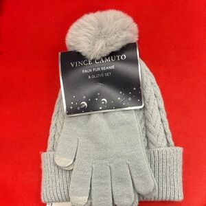 Vince Camuto Light Gray Faux Fur Beanie & Glove Set